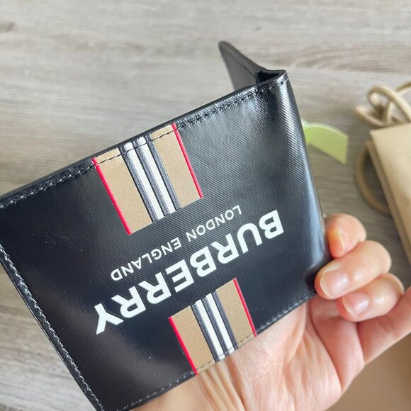 AUTHENTIC-Burberry Striped Logo Bifold Wallet Black - Picture 3 of 5